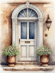 old wooden door with flowers, watercolor