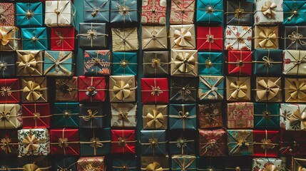 A wall filled with wrapped gifts in various colors and patterns.