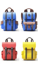 Six different views of a blue and yellow backpack. Various angles and perspectives. On a white