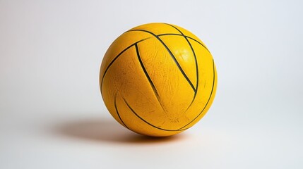 Fototapeta premium A vibrant yellow volleyball, a symbol of athleticism and teamwork, soared gracefully across the pristine white background of a court, capturing the essence of a game where sportsmanship shines