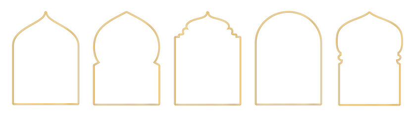 Golden islamic windows, mosque doors isolated on white. Ramadan or Al-Adha decoration, holiday frames. Vertical format for cards or social media. Transparent background in vector file.