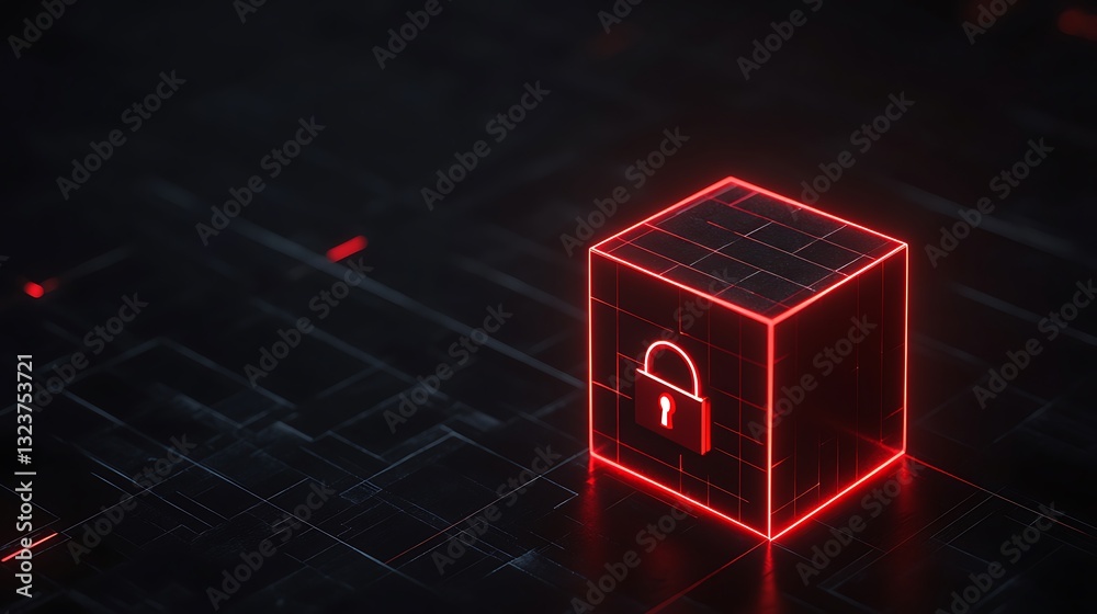 Poster 3D Render of Digital Security Lock with Glowing Red Lines on Dark Background for Data Protection Concept