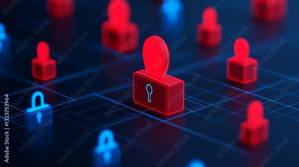 Poster abstract digital representation of secure data storage with red and blue padlocks on a futuristic gr