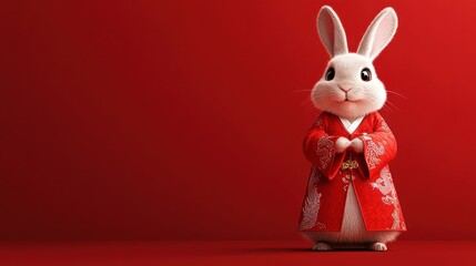 Charming Animated Rabbit in Traditional China-Inspired Outfit Against a Bold Red Background