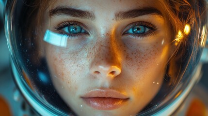 Close-up of a female astronaut in white spacesuit gazing into space with reflective visor