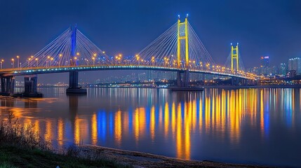 Fototapeta premium Dramatic Suspension Bridge Illumination at Night Reflecting in Calm Water