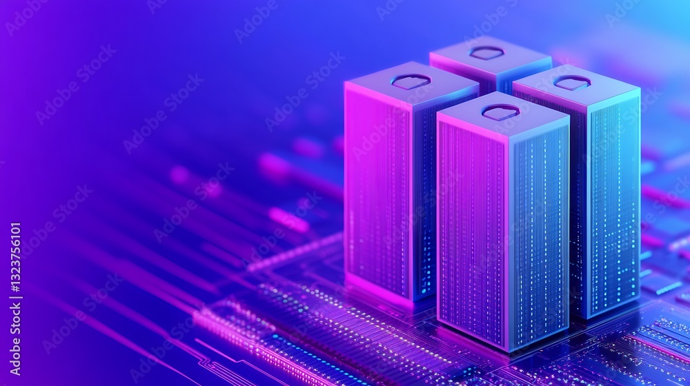 Poster colorful data center concept with server blocks and futuristic circuit design on digital background