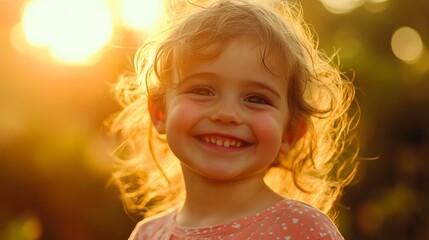 Smiling child with curly hair illuminated by the warm glow of a sunset, capturing joy and innocence.