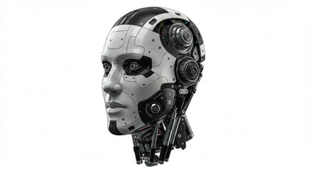 A robot head with blue and white parts. The robot head is made of metal and has a futuristic look