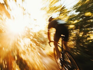 Cyclist in Motion Sunlit Forest Ride, Dynamic Action and Crisp Details