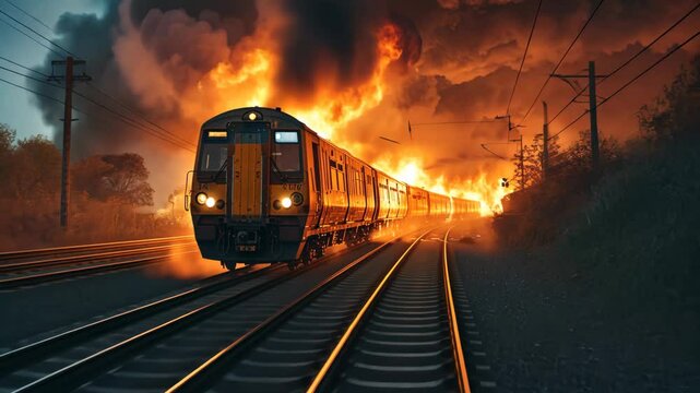 Fire engulfing a moving train car