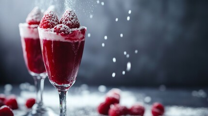 Twin glasses of raspberry dessert with powdered sugar foreground an elegant, luxurious duality.