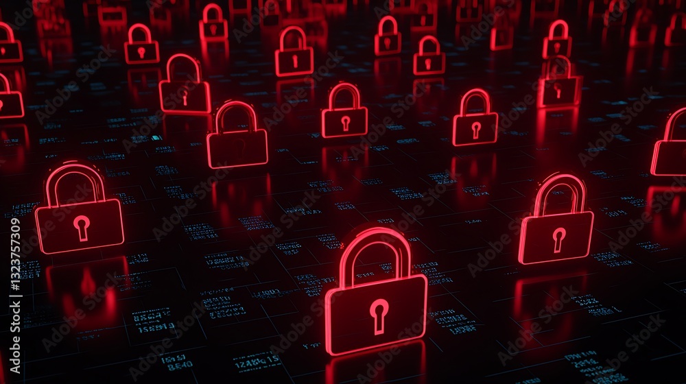 Poster digital lock icons in red glow on futuristic background of data streams and security concepts