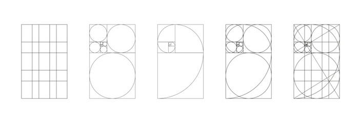 Golden ratio minimalist set. Method golden section mockups. Fibonacci array, numbers shapes. Harmony proportions frames template. Outline graphic illustration. Collection of harmony proportions grids