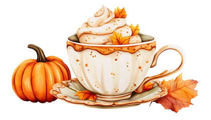 Pumpkin Spice Latte Art: Autumn Drink Illustration on transparent background