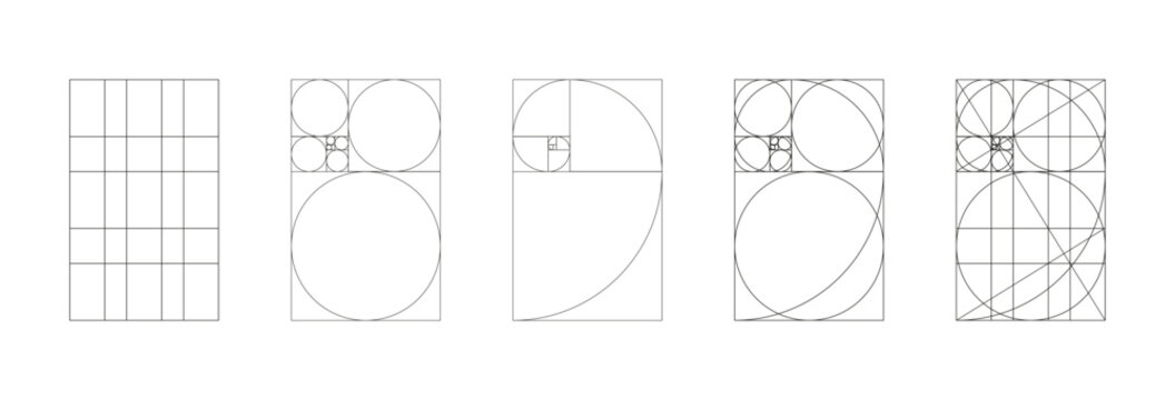 Golden ratio minimalist set. Method golden section mockups. Fibonacci array, numbers shapes. Harmony proportions frames template. Outline graphic illustration. Collection of harmony proportions grids