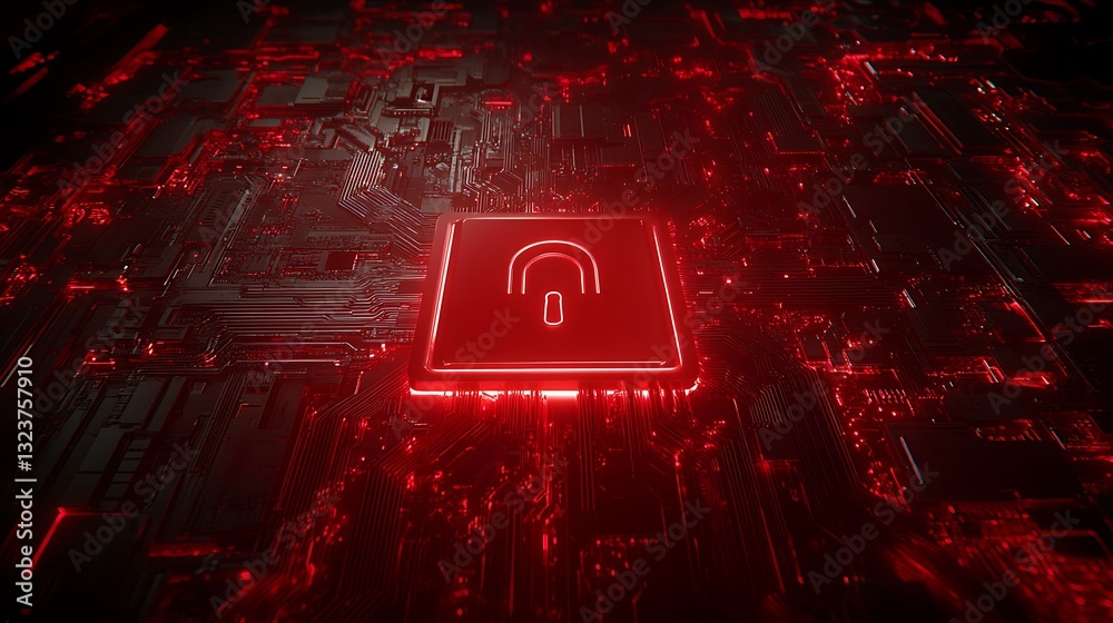 Poster digital lock symbol on circuit board background with red neon glow representing data security and pr