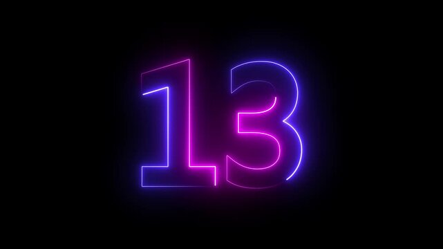 A neon 13 number icon with a bright, glowing effect, smoothly transitioning between colors. The numbers pulse and flicker, offering a sleek, futuristic, and energetic vibe.