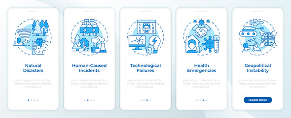 Types of critical event blue onboarding mobile app screen. Walkthrough 5 steps editable graphic instructions with linear concepts. UI, UX, GUI template. Montserrat SemiBold, Regular fonts used
