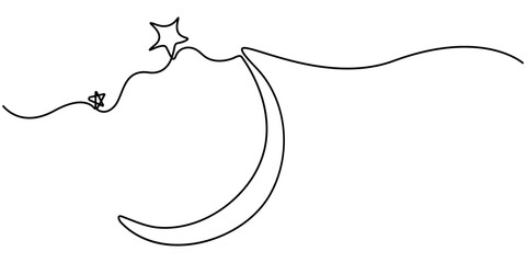 Moon sign line continuous drawing vector. One line Moon vector background. Moon icon. Continuous outline of a Moon. Linear design Moon, Continuous one line drawing of moon icon. Crescent moon. 