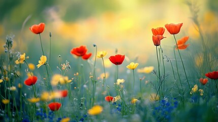 Obraz premium Vibrant poppies and wildflowers sway under a dreamy, sunlit sky, painting the landscape with a lively palette of reds, yellows, and greens.