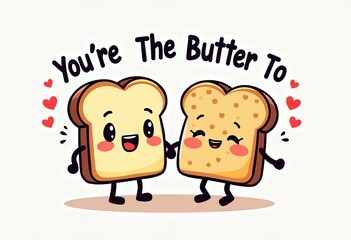 Fototapeta premium Happy Bread & Butter Valentine's: A Cheerful Cartoon Illustration of a Couple with the Quote 