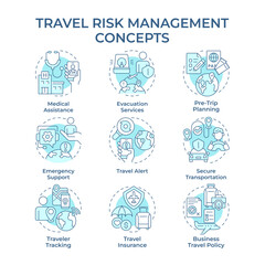 Travel risk management soft blue concept icons. Business journey security service. Tourist insurance policy. Icon pack. Vector images. Round shape illustrations for presentation. Abstract idea