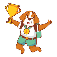 Happy cute kid dog win game gold trophy.Little dog character with gold medal holding up a gold cup trophy.Animal sport winner.Isolated on white background.Cartoon vector illustration.