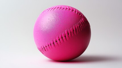 A vibrant pink softball, its glossy surface reflecting the light, rests on a stark white canvas, its color popping against the clean backdrop, highlighting its texture and form.