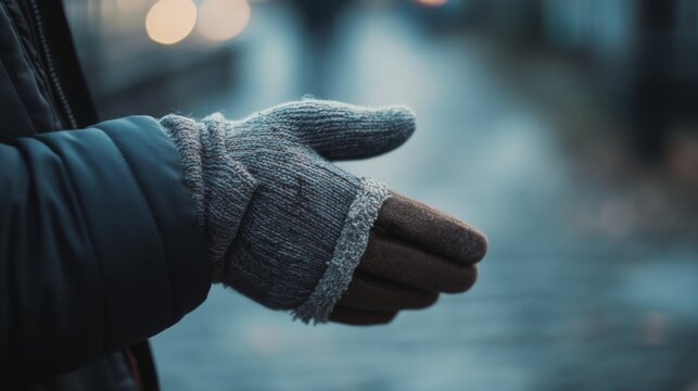 A lone hand in cozy knitted gloves ready for winter, set against a softly blurred city street.