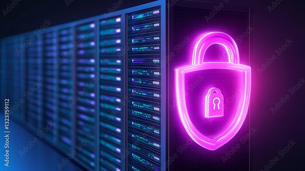 Poster digital security concept with glowing lock symbol on server background in cybersecurity environment