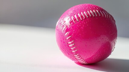 A vibrant pink softball, its glossy surface reflecting the light, rests on a stark white canvas, its color popping against the clean backdrop, highlighting its texture and form.