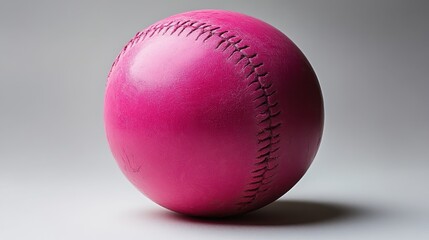 A vibrant pink softball, its glossy surface reflecting the light, rests on a stark white canvas, its color popping against the clean backdrop, highlighting its texture and form.