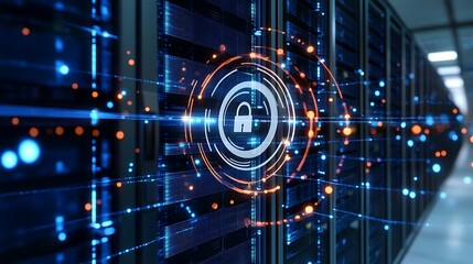 Fototapeta premium Digital Security Concept with Data Network and Padlock Symbol in Server Room Environment
