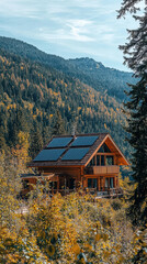 Eco-Friendly Mountain Chalet: A sustainable wooden chalet, nestled amidst a vibrant mountain forest, is powered by solar panels and surrounded by nature's beauty.