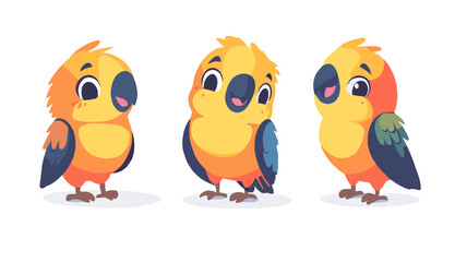Obraz premium Colorful cartoon parrot character in various poses on a white background 