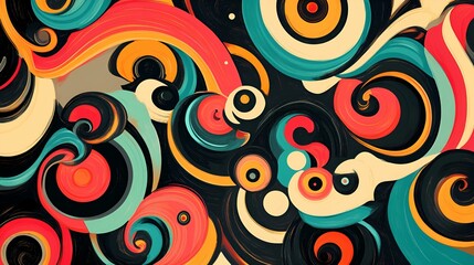 Fototapeta premium A vibrant, abstract design featuring swirling patterns in bold colors like red, turquoise, and yellow against a dark background.