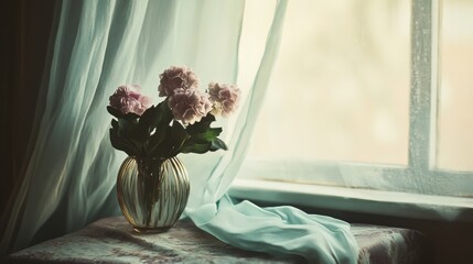 Soft light filters through a window, casting a warm glow on a vase of flowers, creating a serene and contemplative ambiance.