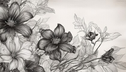 Fototapeta premium A black-and-white texture featuring a delicate flower sketch on a paper-like background, creating a vintage and artistic aesthetic. 