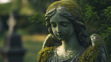 Fototapeta premium A serene angel statue, adorned with moss, exudes tranquility amidst a verdant backdrop, capturing a moment of peaceful reflection.