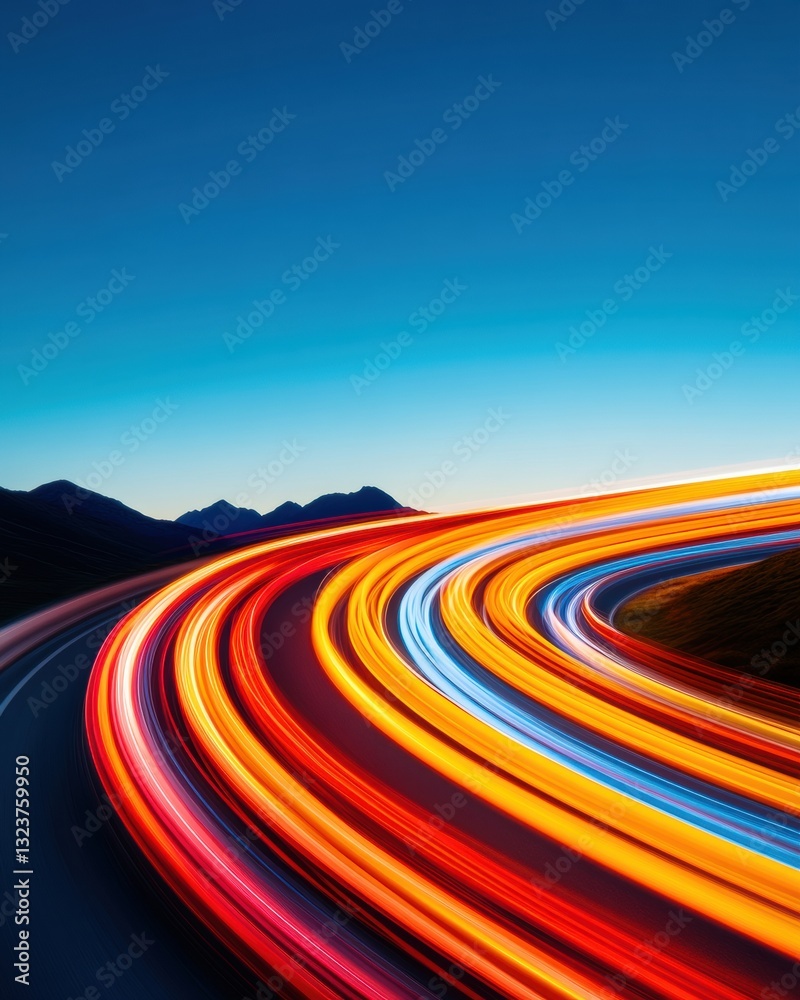 Poster Dynamic Velocity AI-Enhanced Long Exposure Highway Light Trails Visualizing Digital Transformation, Connectivity, and Urban Mobility Innovation
