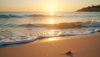 Obraz premium Gentle ocean waves on the shore at sunset.