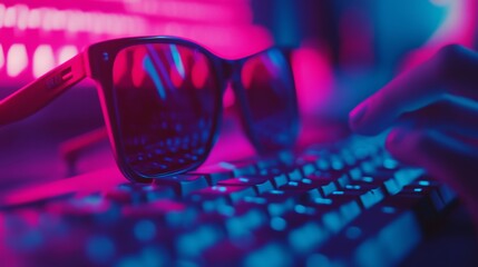 Sunglasses and a keyboard bask under neon lighting, symbolizing cyber culture and technology in a modern, vibrant digital landscape.