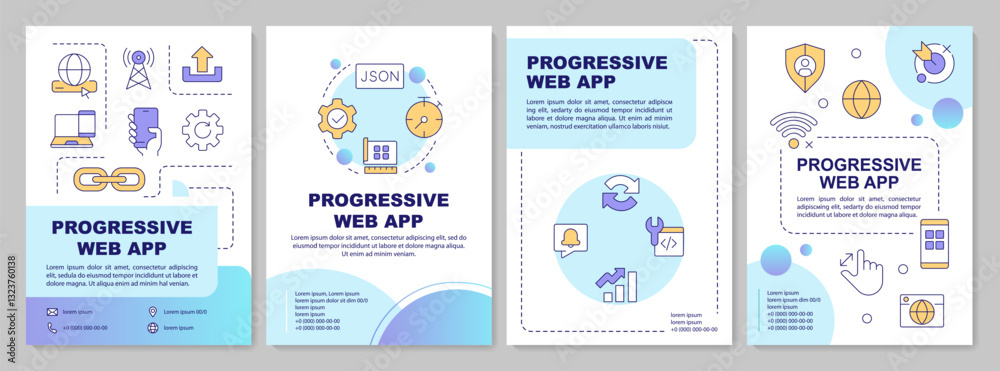 Poster progressive web app blue circle brochure template. platform based software development. leaflet desi