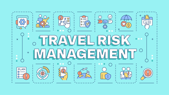 Travel risk management turquoise word concept. TRM services for business clients. Safe journey. Typography banner. Vector illustration with title text, editable icons color. Hubot Sans font used