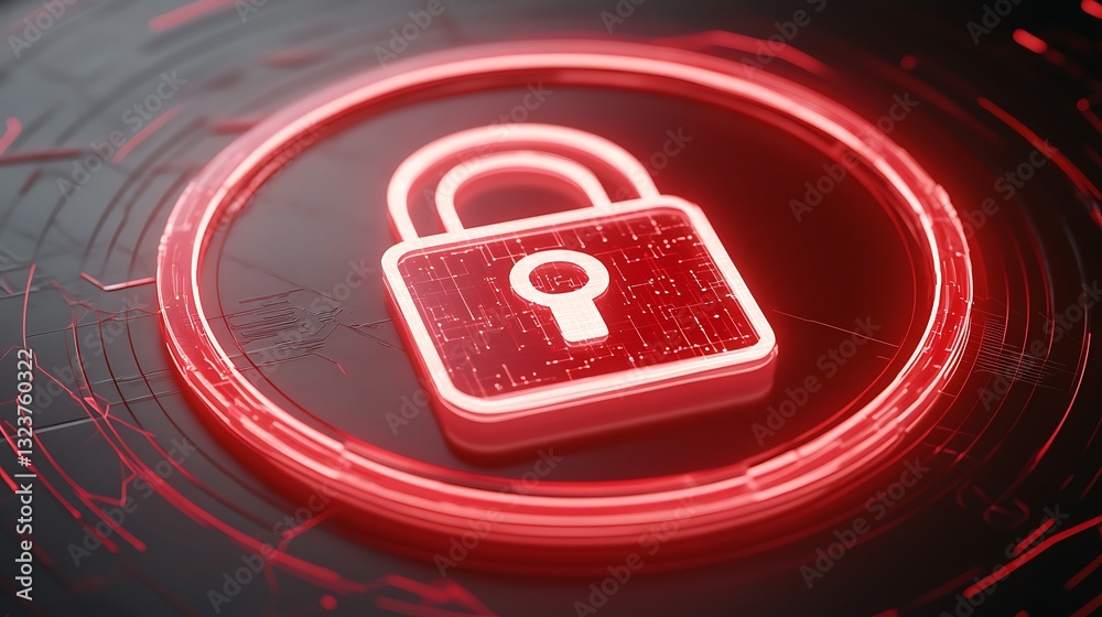 Poster digital security concept with red lock icon in circuit background representing cyber protection and 
