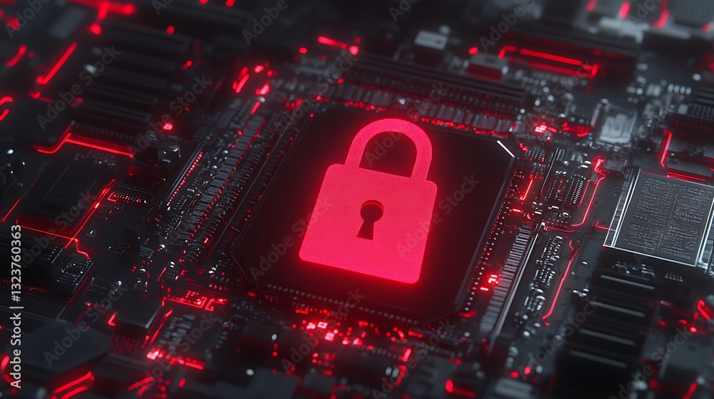 Poster digital security concept with red lock on circuit board background representing cyber protection and