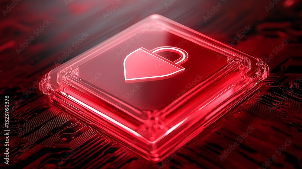 Poster digital security concept with red lock icon on circuit board background in futuristic design style