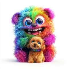 Obraz premium Rainbow Fluffy Monster Joyfully Playing with a Puppy, isolated on clear white background