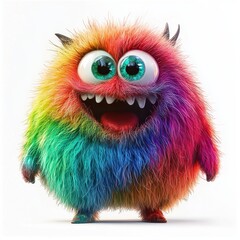 Fototapeta premium Rainbow Fluffy Monster with Multi-Colored Fur and Happy Expression, isolated on clear white background